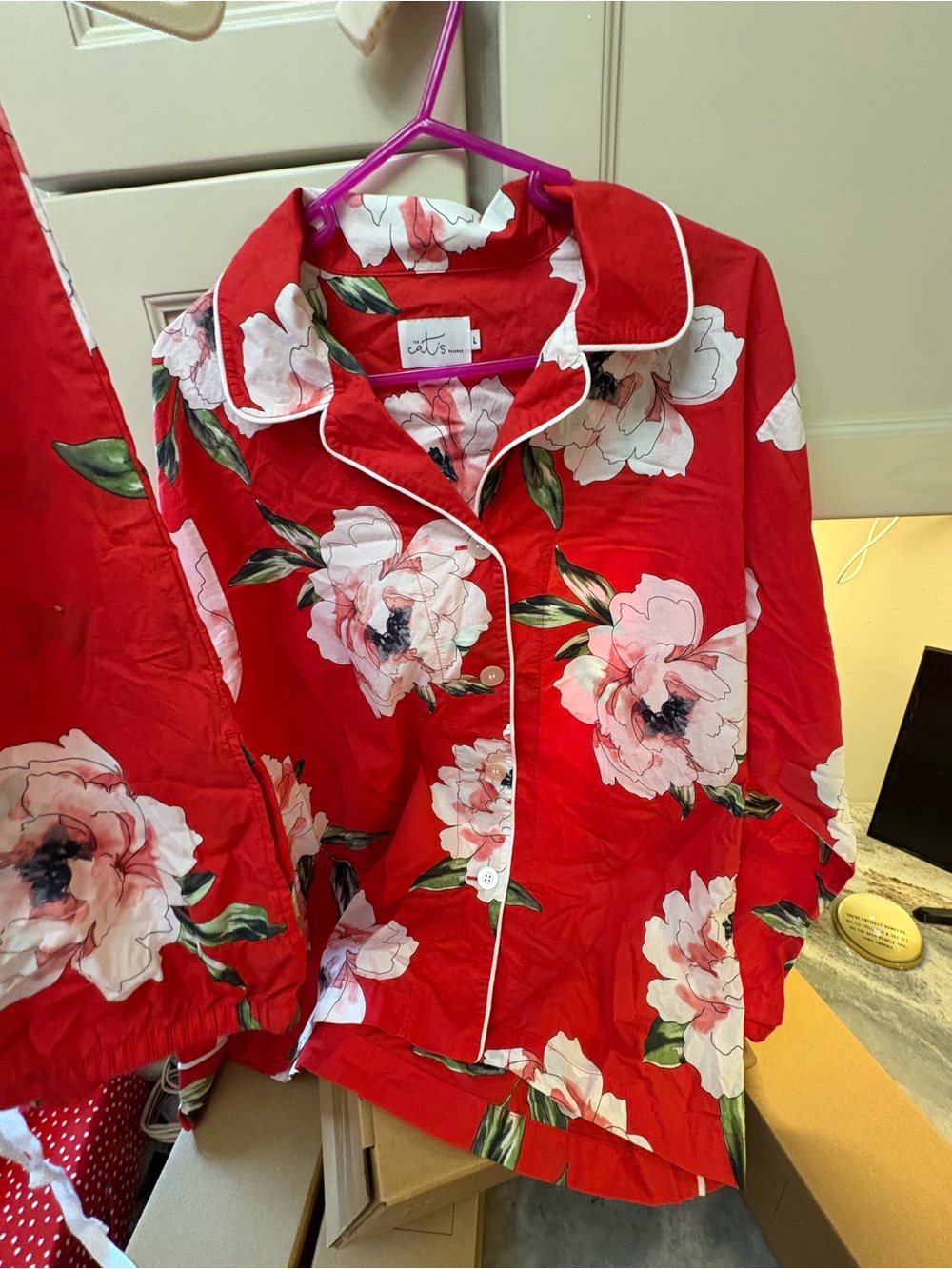 Red Floral Button-Up Pajama Top with White Piping The Cats Pajamas large